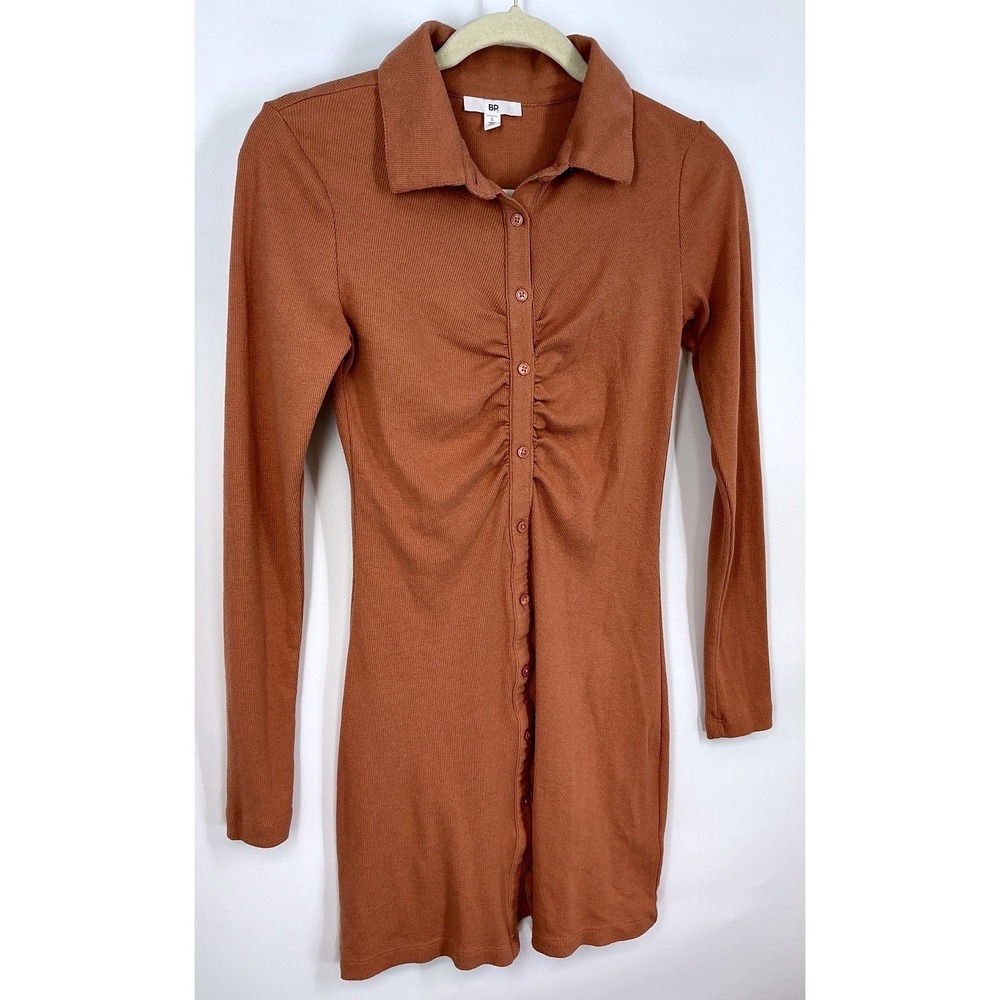 BP Brown Ribbed Knit Button Front Shirt Dress Size S Ruched Collared Minimalist
